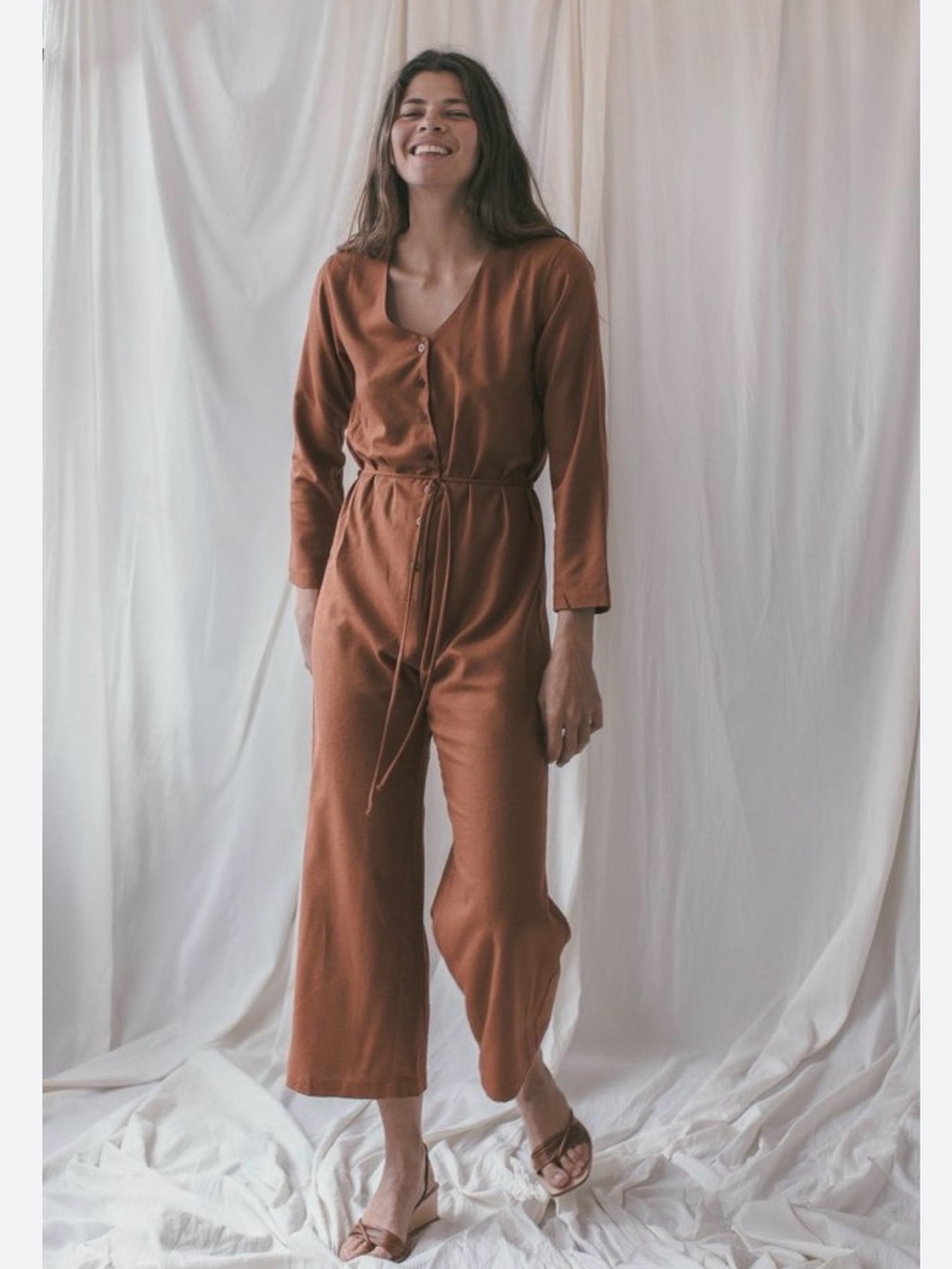 OZMA Rust Brown Long-Sleeve Drawstring Jumpsuit